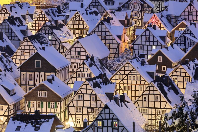 Snow covers the roofs of half-timbered 17th century houses in Alter Flecken, the historic centre of Freudenberg in North Rhine-Westphalia, Germany.  Reuters