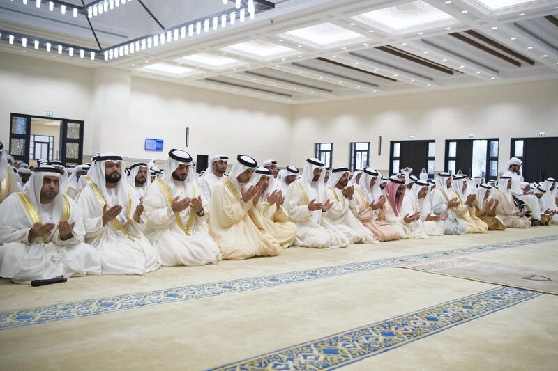 ABU DHABI, UNITED ARAB EMIRATES - August 21, 2018: HH Sheikh Mohamed bin Zayed Al Nahyan Crown Prince of Abu Dhabi Deputy Supreme Commander of the UAE Armed Forces (6th L), attends Eid Al Adha prayers at Sheikh Sultan bin Zayed The First mosque. Seen with  HH Sheikh Abdullah bin Mohamed bin Khaled Al Nahyan (6th L), HH Sheikh Mansour bin Zayed Al Nahyan, UAE Deputy Prime Minister and Minister of Presidential Affairs (7th L), HH Sheikh Hazza bin Zayed Al Nahyan, Vice Chairman of the Abu Dhabi Executive Council (8th L), HH Sheikh Suroor bin Mohamed Al Nahyan (10th L), HH Lt General Sheikh Saif bin Zayed Al Nahyan, UAE Deputy Prime Minister and Minister of Interior (11th L), HH Sheikh Tahnoon bin Zayed Al Nahyan, UAE National Security Advisor (12th L), HH Sheikh Abdullah bin Zayed Al Nahyan, UAE Minister of Foreign Affairs and International Cooperation (13th L), HH Sheikh Mohamed bin Butti Al Hamed (14th L), HH Sheikh Nahyan bin Mubarak Al Nahyan, UAE Minister of State for Tolerance (15th L), HH Sheikh Rashid bin Hamdan bin Mohamed Al Nahyan (16th L), HH Major General Sheikh Khaled bin Mohamed bin Zayed Al Nahyan, Deputy National Security Adviser (17th L) and HH Sheikh Zayed bin Hamdan bin Zayed Al Nahyan (18th L).

( Saeed Al Neyadi / Crown Prince Court - Abu Dhabi )
---
