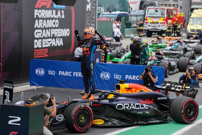 Red Bull's Max Verstappen celebrates after winning the Spanish Grand Prix. EPA