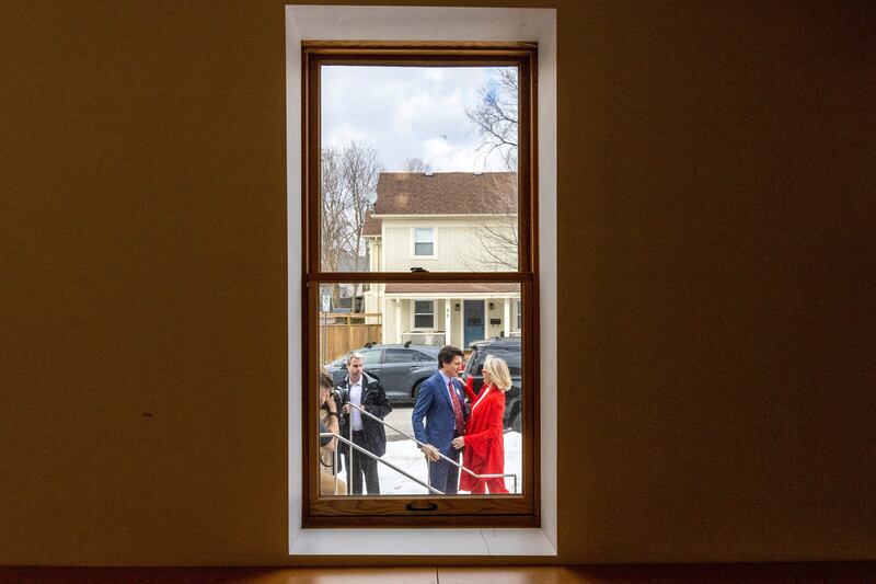 Canada’s Prime Minister Justin Trudeau greets local politician Leah Taylor Roy as he arrives for a Nowruz event in Aurora, Ontario, at the weekend. Reuters