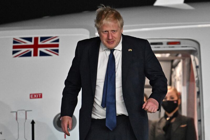 British Prime Minister Boris Johnson arrives at Indira Gandhi International Airport in New Delhi, India, on April 21. Getty