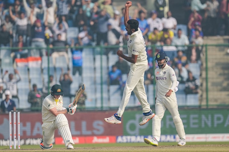 India's Ravichandran Ashwin celebrates after the dismissal of Australia batter Steven Smith. AFP
