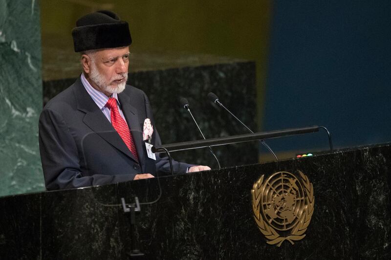 Omani Foreign Minister Yusuf bin Alawi addresses the 73rd session of the United Nations General Assembly,Saturday, Sept. 29, 2018 at U.N. headquarters. (AP Photo/Mary Altaffer)