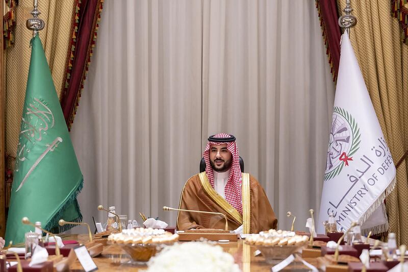 Saudi Defence Minister Prince Khalid bin Salman heads his first meeting with military officials at the Ministry of Defence in Riyadh. Reuters