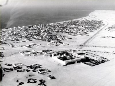 An aerial photo of Abu Dhabi with Qasr Al Hosn in the foreground, in 1966. Photo: National Archives
