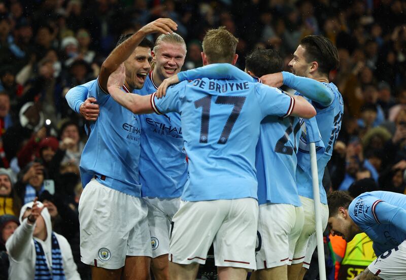 Haaland celebrates scoring City's second goal. Reuters