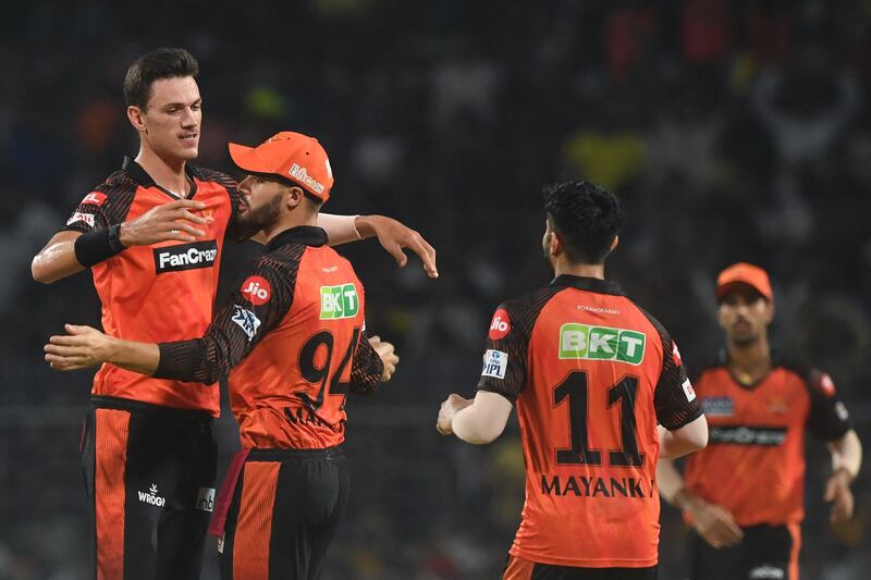 Sunrisers Hyderabad's Marco Jansen, left, after taking the wicket of Kolkata Knight Riders' Venkatesh Iyer. AFP