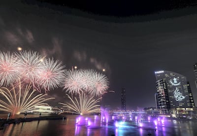 Dubai, United Arab Emirates - August 11, 2019: Fireworks and a lights display on the Eid holiday at Festival City Mall. Sunday the 11th of August 2019. Festival City, Dubai. Chris Whiteoak / The National