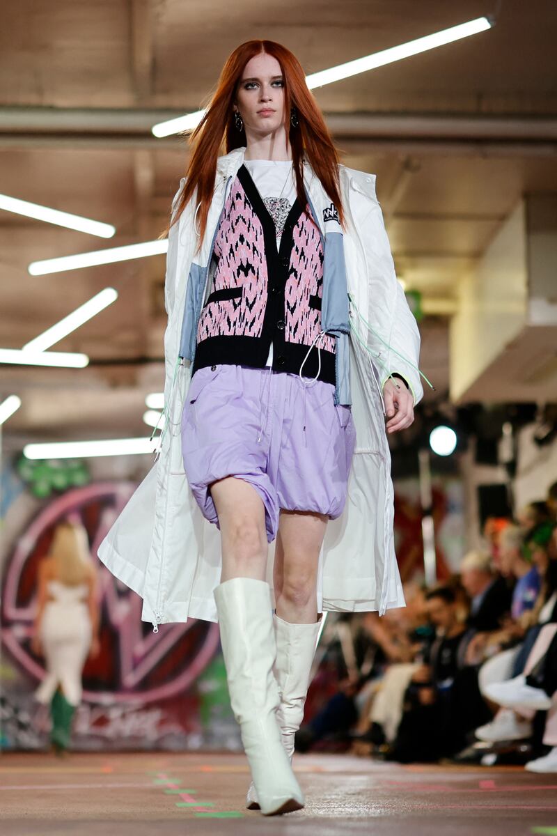 A model presents a creation from British designer Mark Fast during a catwalk show for the spring / summer 2022 collection on the first day of London Fashion Week in London. AFP