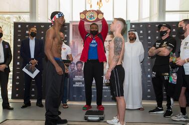 Dubai, United Arab Emirates - Jamel Herring (USA) and Carl Frampton (Northern Ireland) at the weigh-in at Leva Hotel, Sheikh Zayed Road. Leslie Pableo for The National for Amith Pasella's story