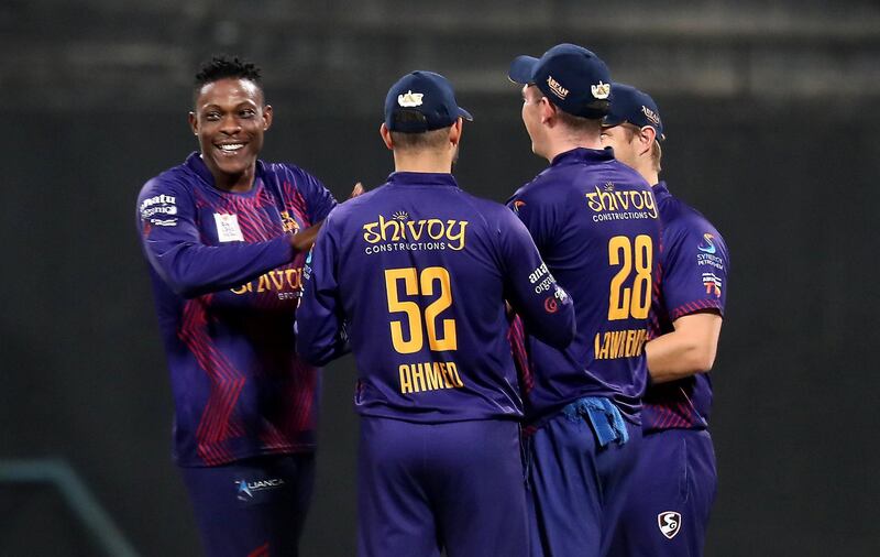 ABU DHABI , UNITED ARAB EMIRATES , Nov 20 – 2019 :- Sheldon Cottrell of Deccan Gladiators celebrating after taking the wicket of  Wayne Madsen during the Abu Dhabi T10 Cricket match between Team Abu Dhabi vs Deccan Gladiators at Sheikh Zayed Cricket Stadium in Abu Dhabi. ( Pawan Singh / The National )  For Sports. Story by Paul