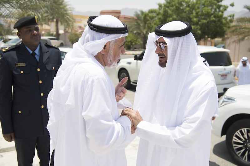 Sheikh Mohammed bin Zayed, Crown Prince of Abu Dhabi and Deputy Supreme Commander of the Armed Forces, offers condolences to Mohammed Eissa Al Hammadi (C), father of Sgt Abdullah Mohamed Eissa Al Hammadi. Hamad Al Kaabi / Crown Prince Court — Abu Dhabi