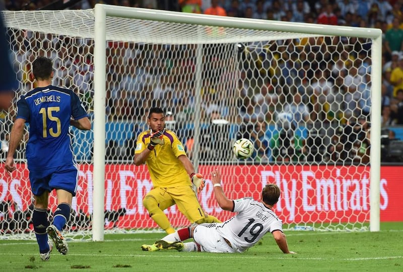Gotze’s goal is made possible after Argentina’s Romero dives the wrong way. Matthias Hangst / Getty Images