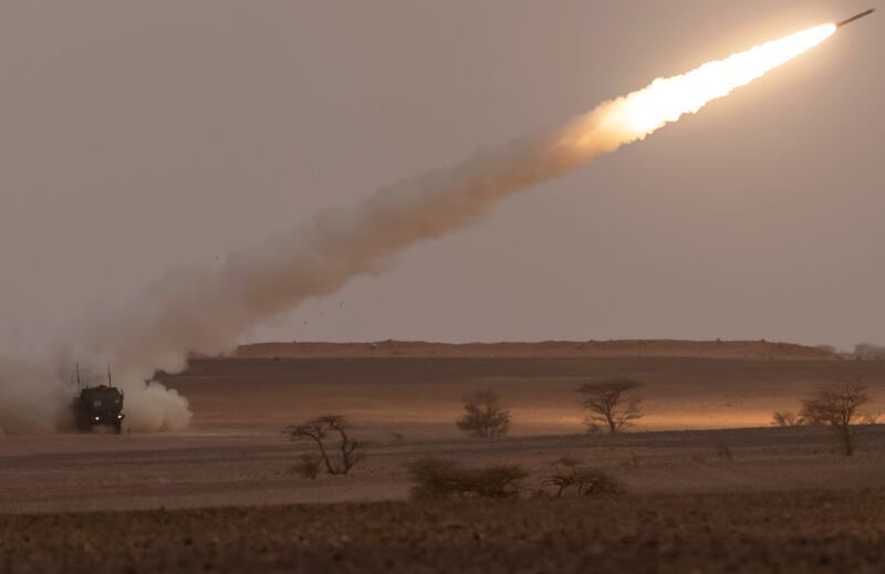A US M142 high mobility artillery rocket system launcher fires salvoes in southern Morocco during the joint exercise. 