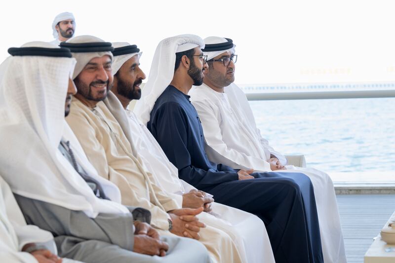 From right, Sheikh Mohamed bin Hamdan; Sheikh Shakhbout bin Nahyan, Minister of State; and Mussallam Salem bin Ham Al Amri, founder of Bin Ham Group, attend the meeting