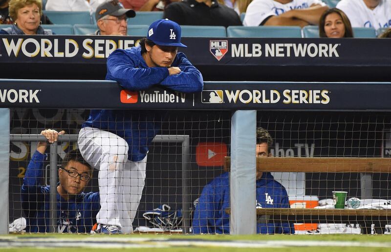 Los Angeles Dodgers' starting pitcher Yu Darvish reacts in the ninth inning of Game 7 against the Houston Astros at Dodger Stadium. Jayne Kamin-Oncea / Reuters