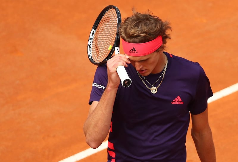 ROME, ITALY - MAY 14: Alexander Zverev of Germany dejected during his straight sets defeat against Matteo Berrettini of Italy in their second round match during day three of the International BNL d'Italia at Foro Italico on May 14, 2019 in Rome, Italy. (Photo by Clive Brunskill/Getty Images)