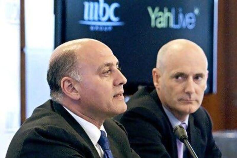 Mohamed Youssif, the chief executive of YahLive, left, and Sam Barnett, the chief executive of MBC, right. Jeff Topping / The National