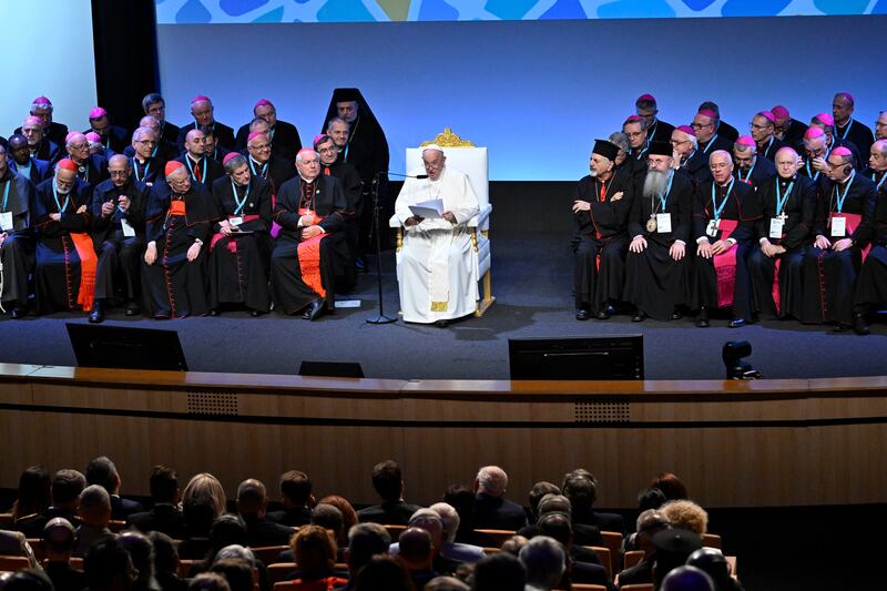 Pope Francis speaks during the final session of the 'Mediterranean Meetings' focusing on migration in the region at the Palais du Pharo, in Marseille.
EPA