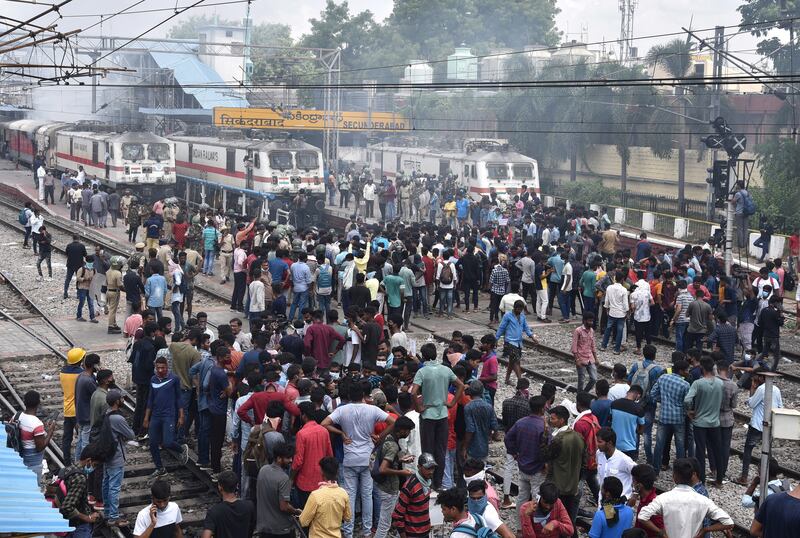 Protesters block railway tracks in Secunderabad. Reuters