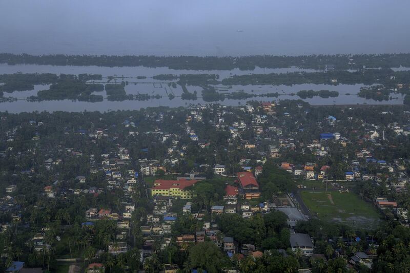 KERALA, INDIA - AUGUST 20: An aerial view of Cochin city from the aircraft on August 20, 2018 in Kerala, India. Over 350 people have reportedly died in the southern Indian state of Kerala after weeks of monsoon rains which caused the worst flooding in nearly a century. Officials said more than 800,000 people have been displaced and taken shelter in around 4,000 relief camps across Kerala as the Indian armed forces step up efforts to rescue thousands of stranded people and get relief supplies to isolated areas.  (Atul Loke/Getty Images)