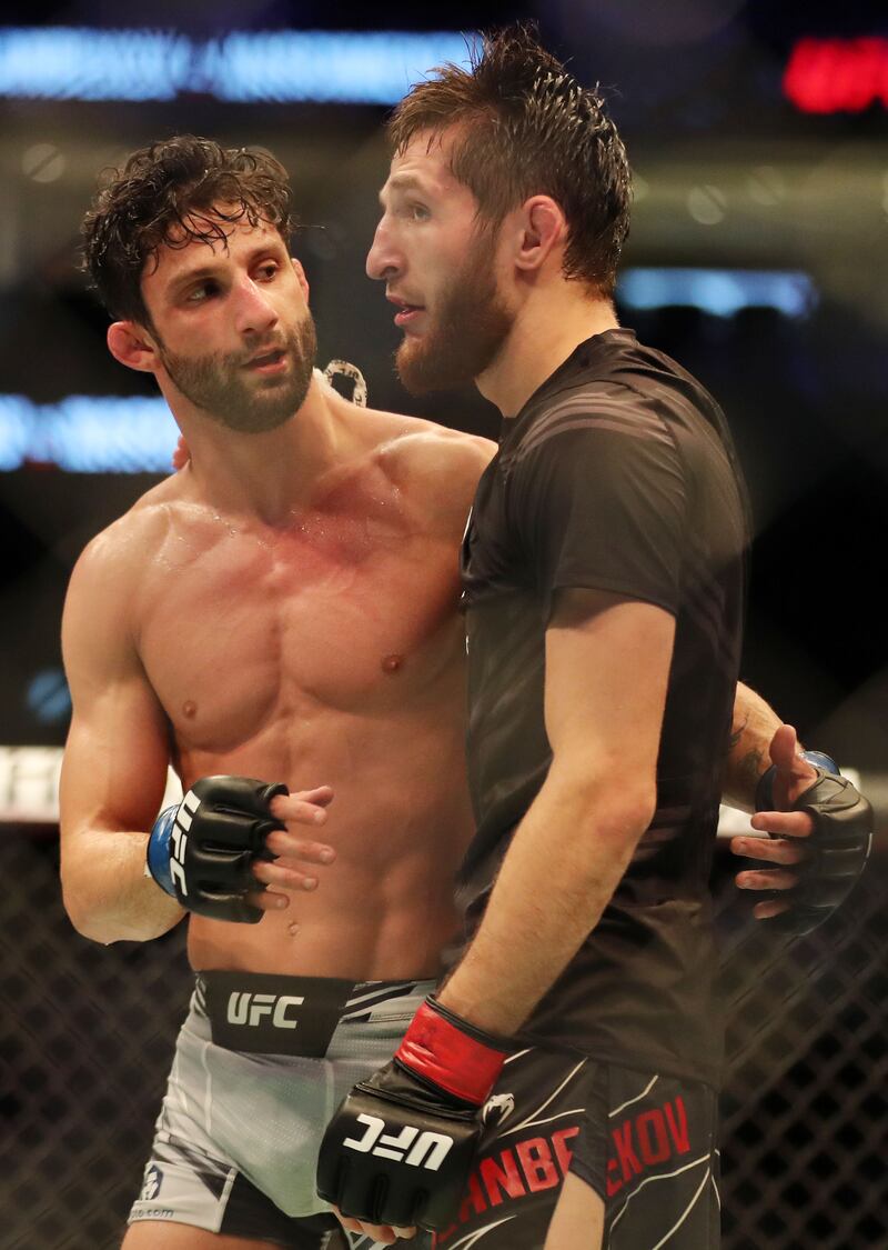 Tagir Ulanbekov (red) after his flyweight win over Allan Nascimento.