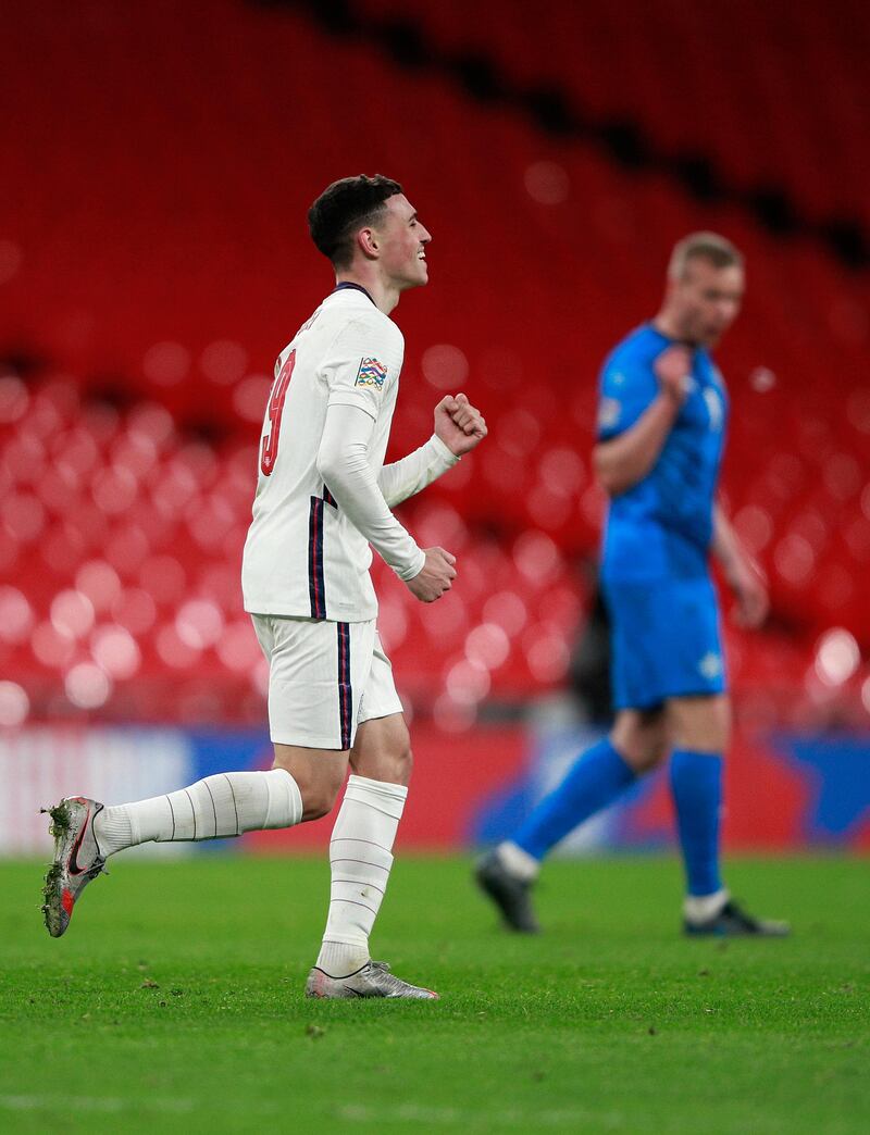 Phil Foden of England celebrates after scoring the third. Getty