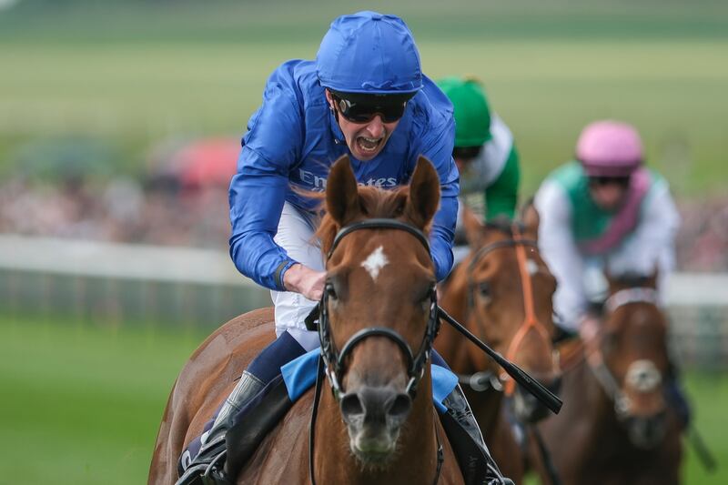 NEWMARKET, ENGLAND - MAY 04: William Buick screams as he rides Notable Speech to win The Qipco 2000 Guineas Stakes at Newmarket Racecourse on May 04, 2024 in Newmarket, England. (Photo by Alan Crowhurst / Getty Images)