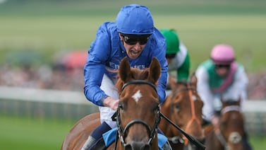 NEWMARKET, ENGLAND - MAY 04: William Buick screams as he rides Notable Speech to win The Qipco 2000 Guineas Stakes at Newmarket Racecourse on May 04, 2024 in Newmarket, England. (Photo by Alan Crowhurst / Getty Images)