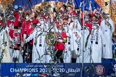 Arabian Gulf League final round: Al Jazira v Khorfakkan at Mohamed bin Zayed stadium. The Jazira team celebrates their victory over Khorfakkan on May 11th, 2021. Victor Besa / The National.