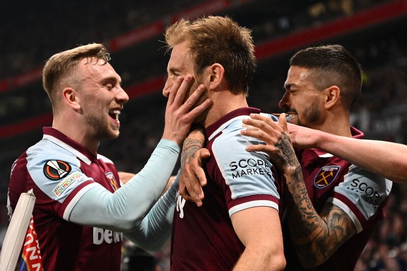 West Ham's Craig Dawson celebrates scoring the first goal in the stunning 3-0 win at Lyon in the Europa League quarter-final second leg match at the Groupama Stadium. PA