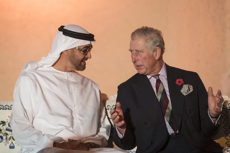 Sheikh Mohamed bin Zayed speaks with Prince Charles during the launch of the UK-UAE Year of Cultural Collaboration. Ryan Carter / Crown Prince Court - Abu Dhabi