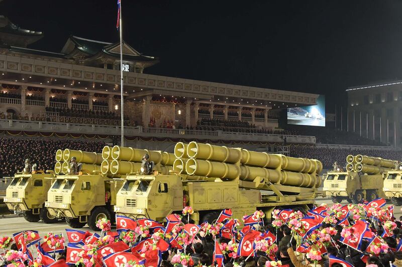 This picture taken on January 14, 2021 and released from North Korea's official Korean Central News Agency (KCNA) on January 15 shows a military parade celebrating the 8th Congress of the Workers' Party of Korea (WPK) in Pyongyang. (Photo by - / KCNA VIA KNS / AFP) / - South Korea OUT / REPUBLIC OF KOREA OUT   ---EDITORS NOTE--- RESTRICTED TO EDITORIAL USE - MANDATORY CREDIT "AFP PHOTO/KCNA VIA KNS" - NO MARKETING NO ADVERTISING CAMPAIGNS - DISTRIBUTED AS A SERVICE TO CLIENTS
THIS PICTURE WAS MADE AVAILABLE BY A THIRD PARTY. AFP CAN NOT INDEPENDENTLY VERIFY THE AUTHENTICITY, LOCATION, DATE AND CONTENT OF THIS IMAGE. / 