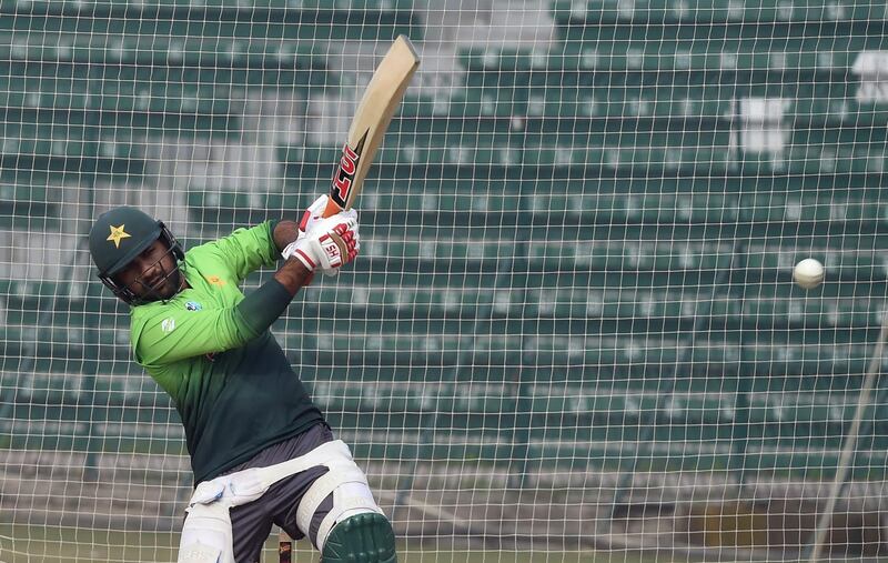 Pakistani cricket team captain Sarfraz Ahmed plays a shot during a practice in Lahore on December 26, 2017.
Pakistan still have bowlers who can put pressure on New Zealand in their upcoming one-day series despite the absence of Junaid Khan, Usman Shinwari and Imad Wasim through injury, captain Sarfraz Ahmed said December 26. / AFP PHOTO / ARIF ALI