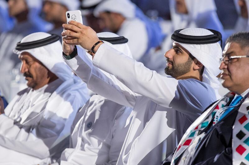 ABU DHABI, UNITED ARAB EMIRATES - March 17, 2018: HH Sheikh Mansour bin Mohamed bin Rashid Al Maktoum (2nd R), attends the opening ceremony of the Special Olympics IX MENA Games Abu Dhabi 2018, at the Abu Dhabi National Exhibition Centre (ADNEC).
( Ryan Carter for the Crown Prince Court - Abu Dhabi )