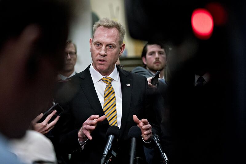 Patrick Shanahan, acting U.S. Secretary of Defense, speaks to members of the media after a briefing on Iran by Secretary of State Mike Pompeo in the basement of the U.S. Capitol in Washington, D.C., U.S., on Tuesday, May 21, 2019. Senate Majority Leader Mitch McConnell today said "nobody is talking about a military solution" to address tensions with Iran. Photographer: Andrew Harrer/Bloomberg