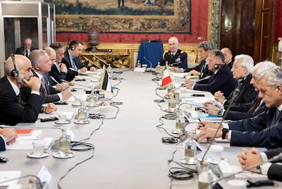 Italian President Sergio Mattarella, third right, was among those in talks with King Abdullah at the Quirinal Presidential Palace in Rome. EPA