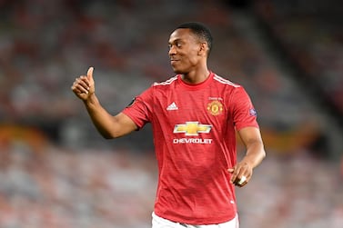 MANCHESTER, ENGLAND - AUGUST 05: Anthony Martial of Manchester United reacts during the UEFA Europa League round of 16 second leg match between Manchester United and LASK at Old Trafford on August 05, 2020 in Manchester, England. (Photo by Michael Regan/Getty Images)