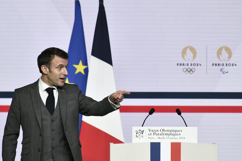 French President Emmanuel Macron delivers a speech wishing his country's elite athletes well for the Paris Olympic and Paralympic Games. EPA