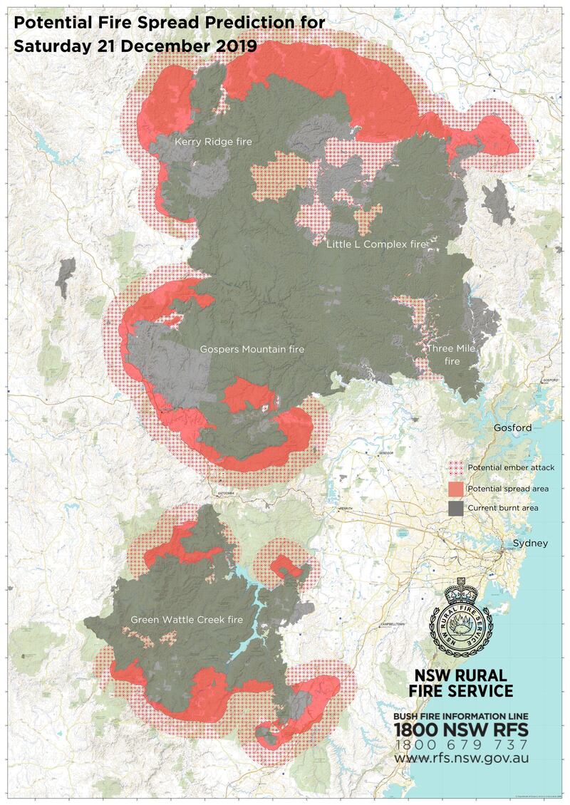 The potential areas where bushfires may spread in New South Wales, Australia are illustrated in a map obtained from the NSW Rural Fire Service. Reuters