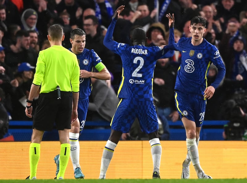 Chelsea's Kai Havertz, right, celebrates his first-half header. EPA