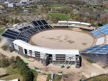 EAST MEADOW, NEW YORK - APRIL 22: In an aerial view, construction continues on the Nassau County International Cricket Stadium at Eisenhower Park on April 22, 2024 in East Meadow, New York.  The site will be the host to the ICC World Cup 2024 in June of this year.    Bruce Bennett / Getty Images / AFP (Photo by BRUCE BENNETT  /  GETTY IMAGES NORTH AMERICA  /  Getty Images via AFP)