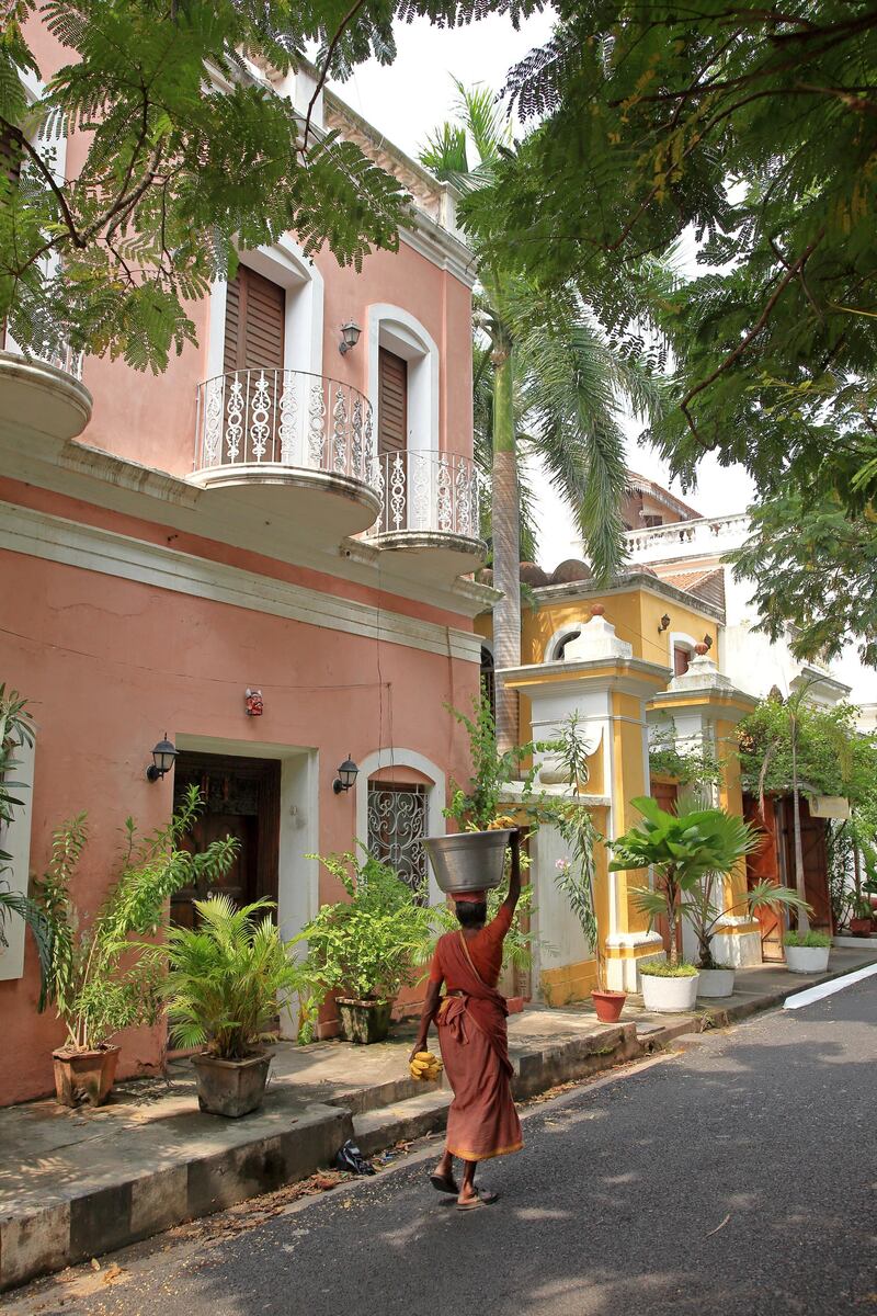 A banana-seller walking in a beautiful Pondicherry road.