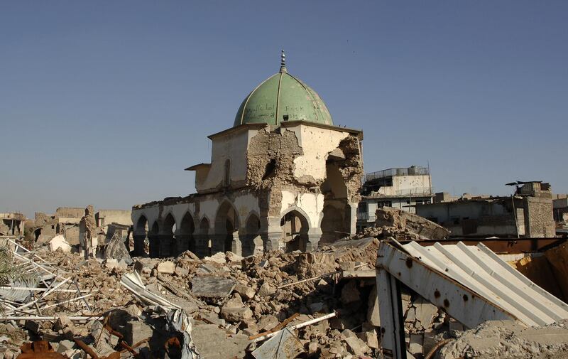 A view of the destroyed al-Nuri mosque in the old city of Mosul is seen on April 23, 2018.
The United Arab Emirates and Iraq launched a joint effort to reconstruct Mosul's Great Mosque of al-Nuri and its iconic leaning minaret, ravaged last year during battles to retake the city from jihadists. During the ceremony at Baghdad's National Museum, UAE Culture Minister Noura al-Kaabi said her country would put forward $50.4 million (41.2 million euros) for the task. 
 / AFP PHOTO / Zaid al-Obeidi