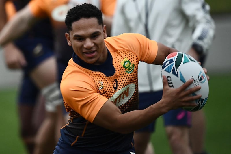 South Africa's scrum-half Hershel Jantjies takes part in a training session Fuchu Asahi Football Park in Tokyo ahead of their Japan 2019 Rugby World Cup semi-final against Wales.  AFP