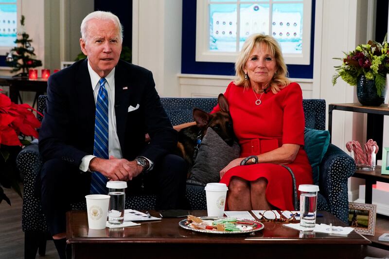 US President Joe Biden and first lady Jill Biden met virtually with service members at the White House. Reuters.