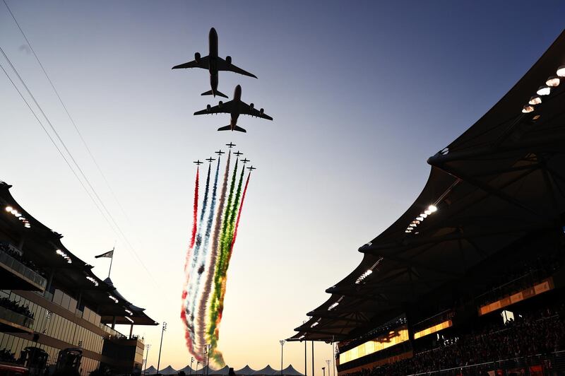 An aeronautical display is seen over the grid before the F1 Grand Prix of Abu Dhabi. Getty Images