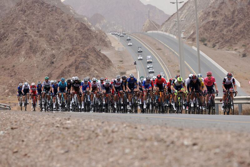 The pack rides during the fifth stage of the UAE Tour from Fujairah Marine Club to Jebel Jais. AFP