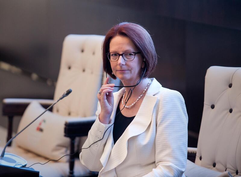 ABU DHABI, UNITED ARAB EMIRATES, Jan. 15, 2014:   
Julia Gillard, the former prime minister of Commonwealth of Australia, delivers her lecture 'The UAE and Australia: A Roadmap for Future Cooperation'  on Wednesday evening, Jan. 15, 2014, at The Emirates Center for Strategic Studies and Research in Abu Dhabi. Seated next to Ms. Gillard is Ahmed al Astad,   (Silvia Razgova / The National )

Reporter: Caline Malek
Section: National
Publishing date: Jan. 16, 2014

