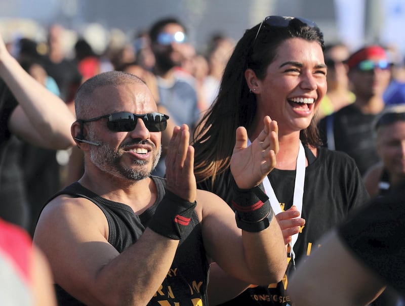 Dubai, United Arab Emirates - October 26, 2019: HIIT 30X30 with Joe Wicks. Guinness World Record attempt for the largest HIIT class. Saturday the 26th of October 2019. Skydive Dubai, Dubai. Chris Whiteoak / The National